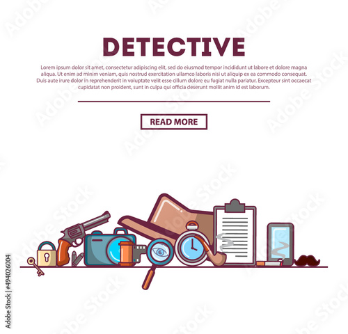 Detective icons banner set. Private detective agency design elements in retro style. Ideal for web site, card, advertising flyer , poster and printed materials. Vector illustration.Isolated on white b