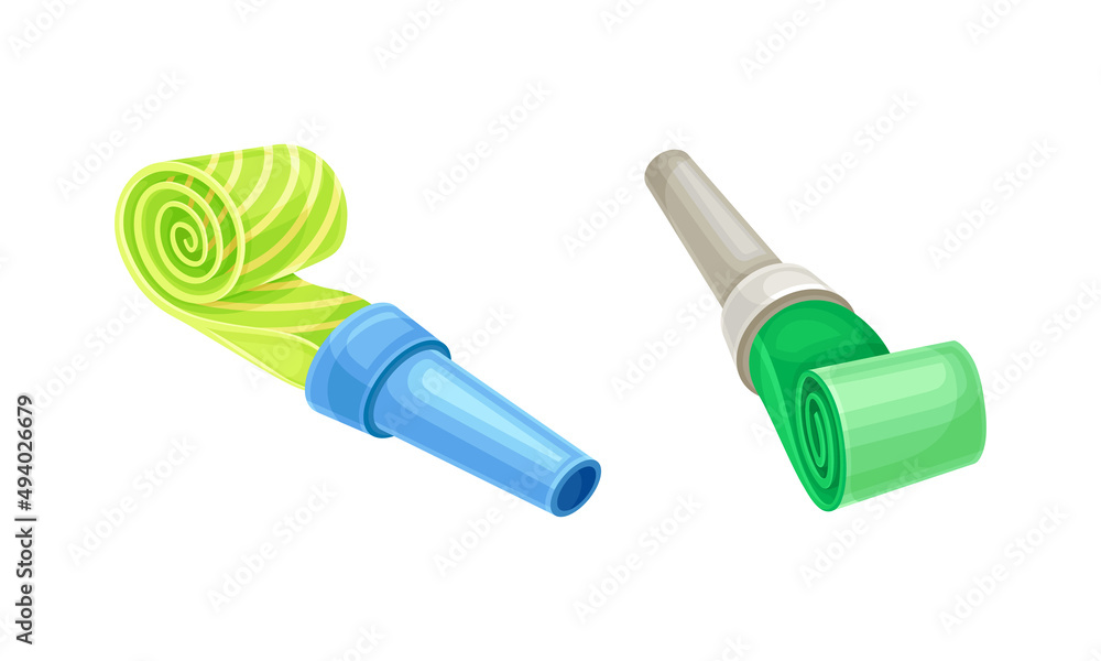 Bright party whistles set. Happy party, holiday celebration symbol cartoon vector illustration Bright party whistles set. Happy party, holiday celebration symbol cartoon vector illustration