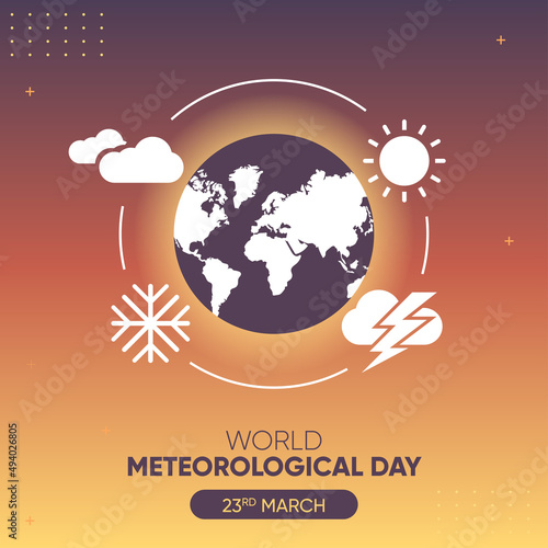 World Meteorological Day. March 23. Holiday concept. sun, cloud, thunder storm and snow Template for background, banner, card, poster with map illustration