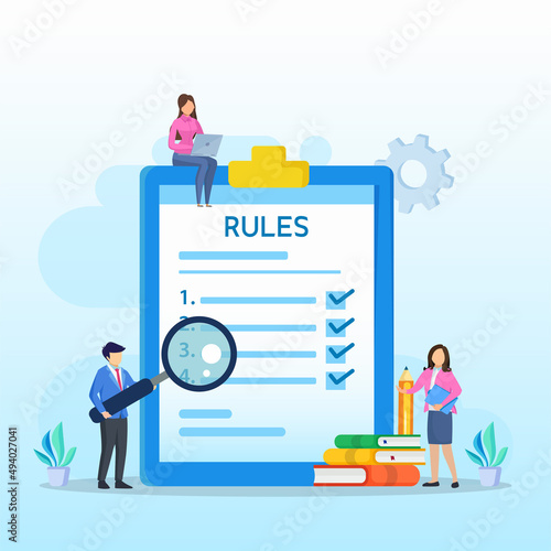 Business people studying list of rules, reading guidance, making checklist Vector illustration. 