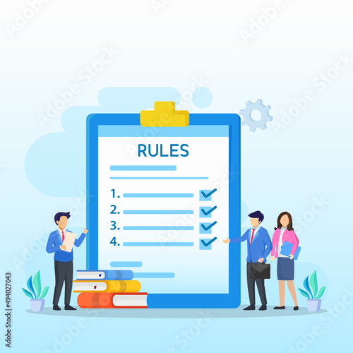 Business people studying list of rules, reading guidance, making checklist Vector illustration. 