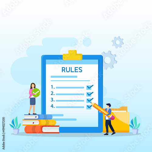 Business people studying list of rules, reading guidance, making checklist Vector illustration. 