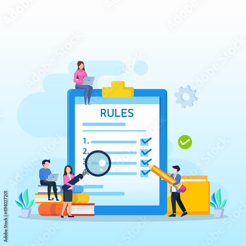 Business people studying list of rules, reading guidance, making checklist Vector illustration. 