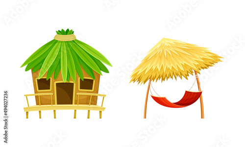 Tropical resort objects set. Beach hut or bungalow and straw umbrella with hammock cartoon vector illustration