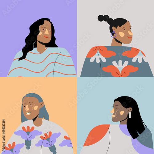 Ilustración de vector, set de rostros de mujeres personajes.