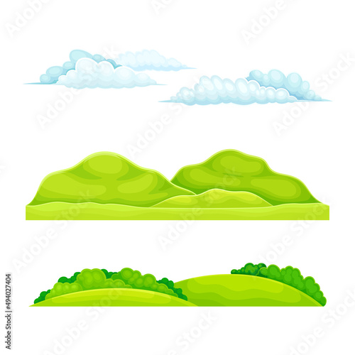 Summer landscape set. Field or meadow with green grass, hills and clouds cartoon vector illustration