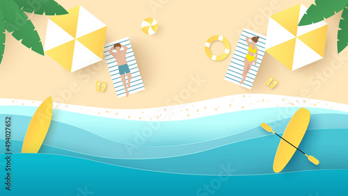 Summer time background. Couple young woman and man lying down sunbathe and beach with stuff for summer. Paper cut and craft style illustration. Top view
