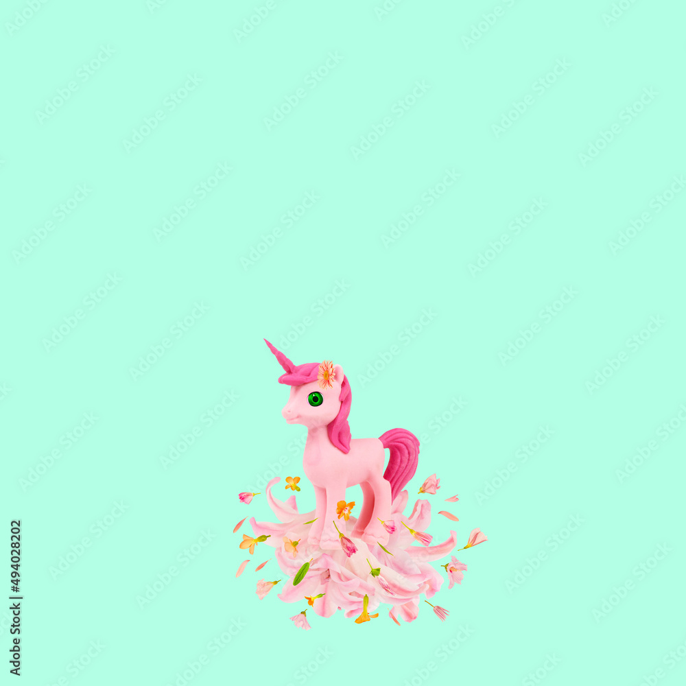 Art floral beautiful unicorn toy with natural hyacinth flowers. Trendy colorful blooming abstract idea with fairy tale creature shape composition. Botany concept unicorns with blossoms