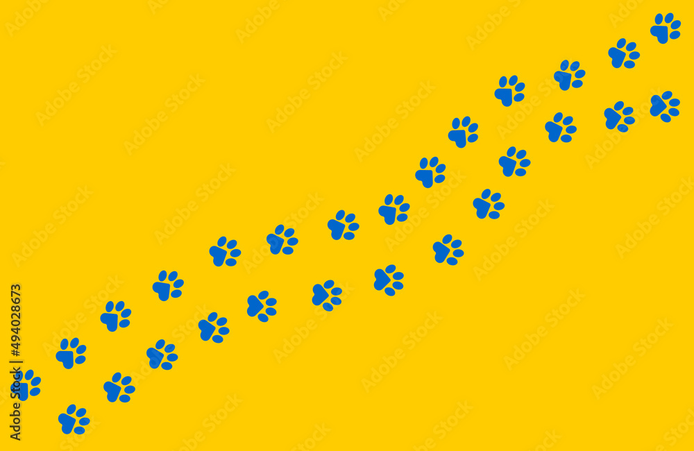 Paws of a cat, dog, puppy in blue color on a yellow background in a flat design. Diagonal animal footprints for veterinary clinic websites, cute pet posters. Paws of a cat, dog, puppy in blue color on a yellow background in a flat design. Diagonal animal footprints for veterinary clinic websites, cute pet posters.