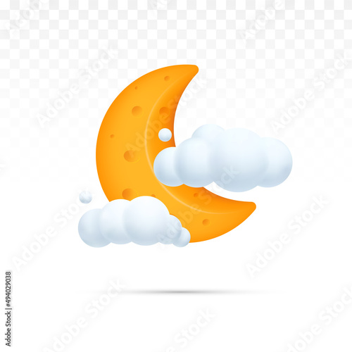 3d cute yellow moon and cloud cartoon render style Free Vector
