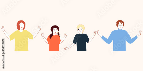 People of Ukraine show a sign of peace. Man, woman, boy and girl are dressed in yellow-blue clothes. Young people call for an end to the war. for world peace.