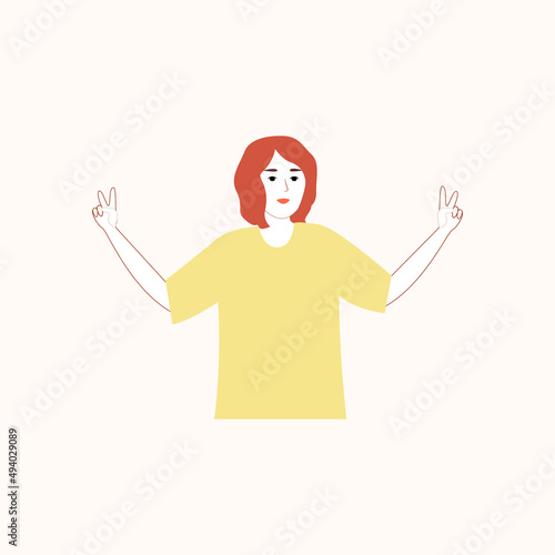 cartoon woman in yellow t-shirt shows peace sign. Ukrainian young patriot girl shows a hand sign. call for democracy and peace.