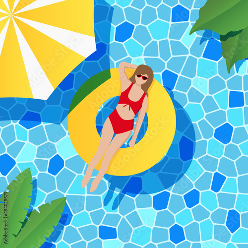 Girl lying down sunbathe on inflatable mattress in pool. Summer time background. Top view