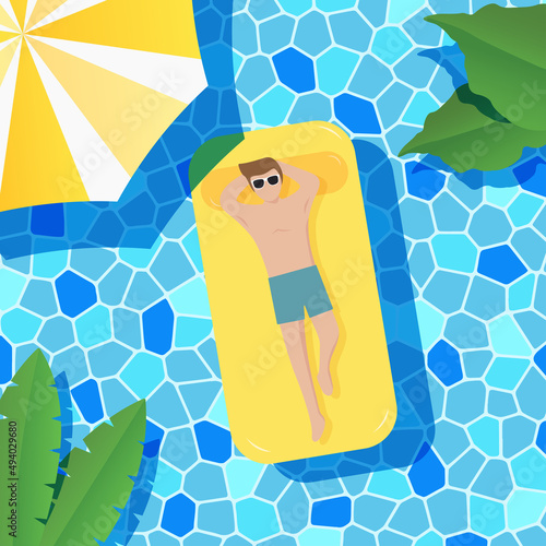 Man lying down sunbathe on inflatable mattress in pool. Summer time background. Top view