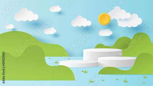 Nature landscape. Summertime with podium platform to show product. Vector illustration