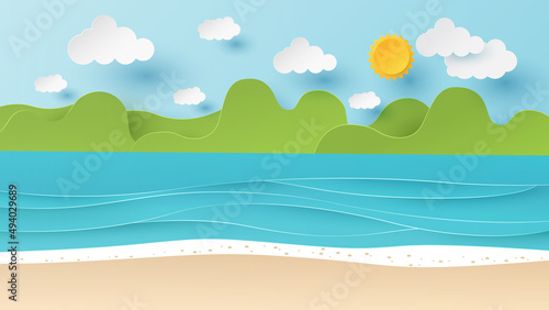 Summer time background. Blue sea and beach  in for summer background. Paper cut and craft style illustration