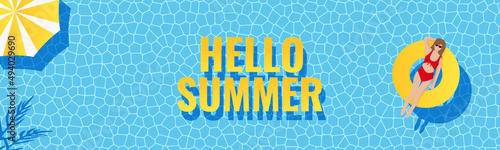 Summer time background. Girl lying down sunbathe on inflatable mattress in pool. Top view
