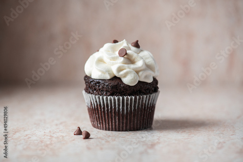 One rich chocolate cupcakes with whipped cream frosting and chocolate chips.