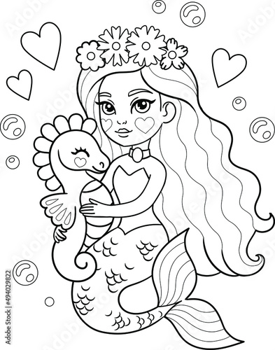 Little mermaid in flower wreath hugging a seahorse. Vector illustration for coloring page