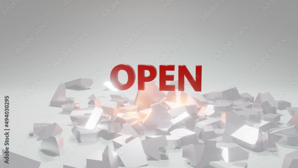 OPEN text rising from pile of collapsed shiny metallic pieces. 3D rendering concept background animation. OPEN text rising from pile of collapsed shiny metallic pieces. 3D rendering concept background animation.
