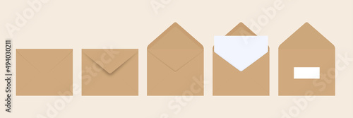 Brown envelope front and back on beige background. Letter top view. Vector illustration