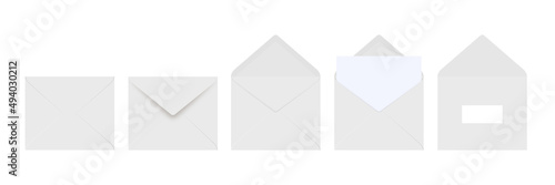 White envelope front and back on white background. Letter top view. Vector illustration