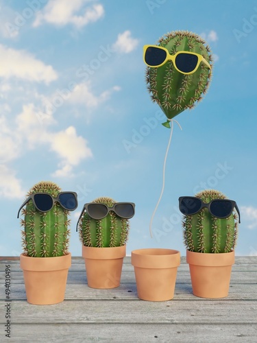 cactus with sunglasses escaping a flowerpot as a balloon 3D-illustration