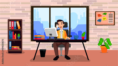 Vector illustration of a businessman, office worker working in his office. Busy with his profession and happy worker and businessman.