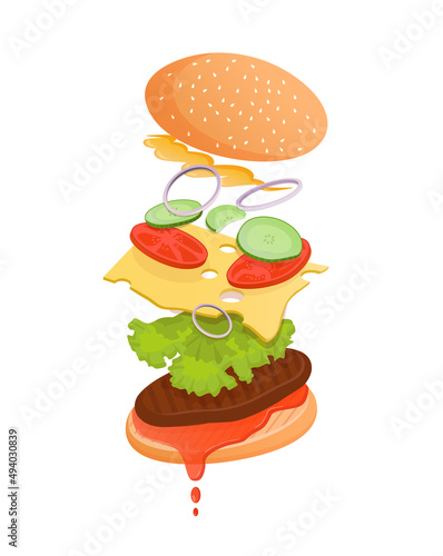 Cheeseburger with flying ingredients such as meat, ketchup, lettuce, tomato, cucumber, onion, sauce and cheese. Flat illustration of fast food burger for poster, advertisement, menu, web.