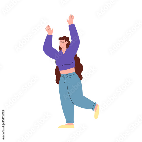 Cheerful plump woman raising hands, cartoon flat vector illustration isolated.