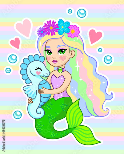 Cute mermaid princess with colorful hair hugging a seahorse. Cartoon vector illustration
