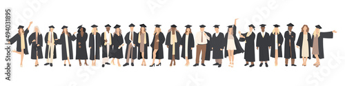 A group of international happy students in academic gowns, gowns and academic caps. Set of people. Graduation. Vector