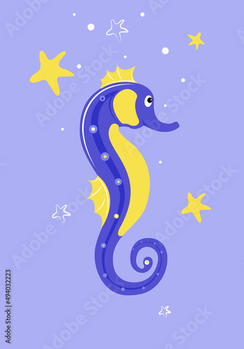 Seahorse flat style  yellow and purple colors. There are starfish all around.