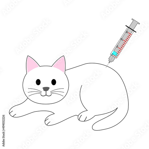 A white cat with a syringe for a vaccination 