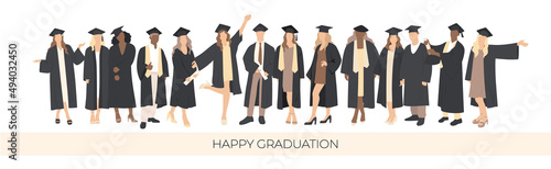 Group of joyful students, happy graduation. Poster, set. Vector