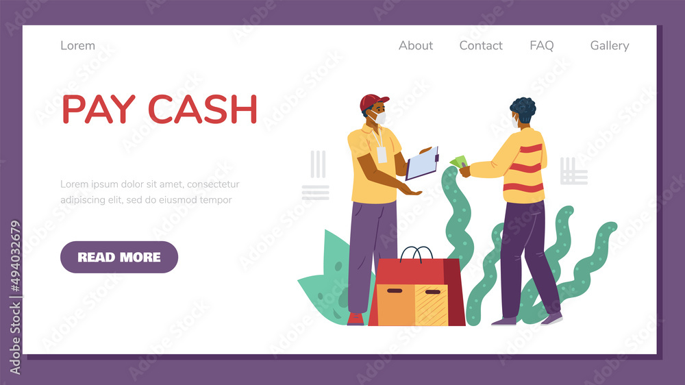 Pay cash web banner with delivery person gets cash, flat vector illustration. Pay cash web banner with delivery person gets cash, flat vector illustration.