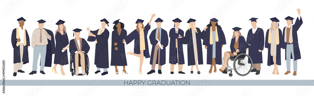 Group of joyful students, happy graduation. Students of different nationalities, physiques, disabled people. Vector Group of joyful students, happy graduation. Students of different nationalities, physiques, disabled people. Vector