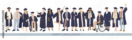 Group of joyful students, happy graduation. Students of different nationalities, physiques, disabled people. Vector