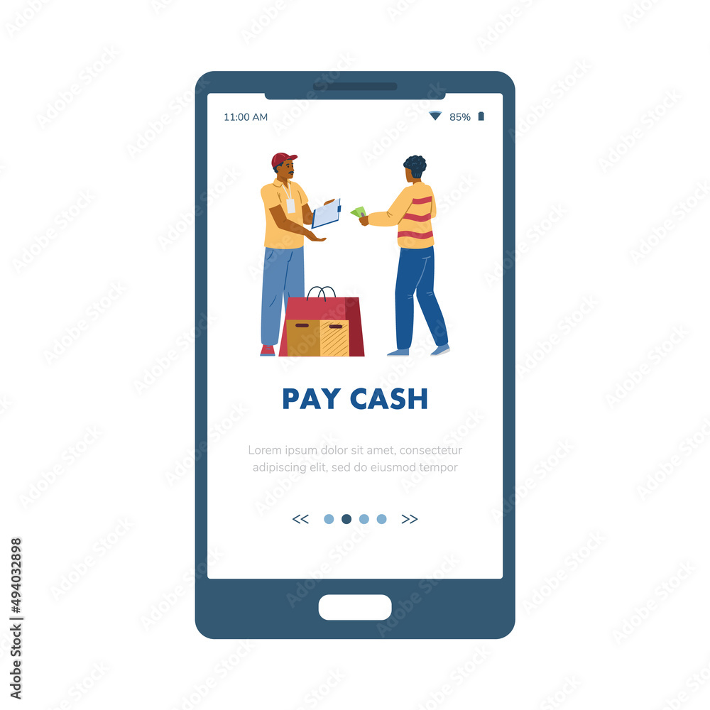Paying cash onboarding page with courier receives money, vector illustration. Paying cash onboarding page with courier receives money, vector illustration.