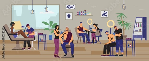 Tattoo salon masters and clients in interior of studio flat vector illustration.