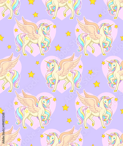 Winged horse with heart on background. Vector seamless pattern