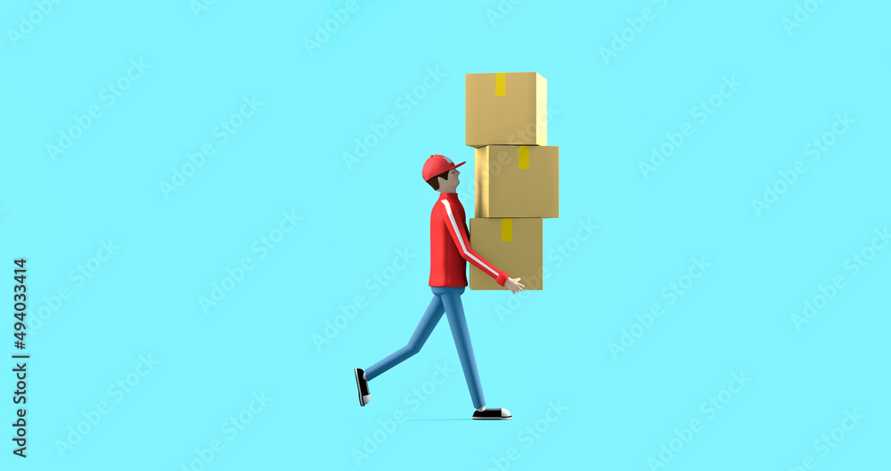 Delivery man with red uniform walk to sending the cardboard boxes, 3d rendering, express delivery concept, isolated on blue background. Delivery man with red uniform walk to sending the cardboard boxes, 3d rendering, express delivery concept, isolated on blue background.