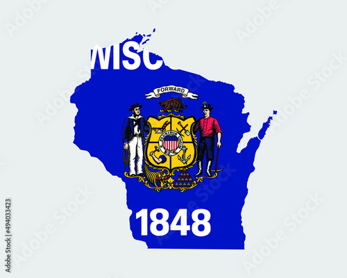 Wisconsin Map Flag. Map of WI, USA with the state flag. United States, America, American, United States of America, US State Banner. Vector illustration.