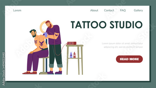 Fototapeta Naklejka Na Ścianę i Meble -  Tattoo body tattooing art studio web banner template, flat vector illustration.