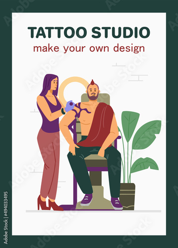 Tattoo studio banner, card or poster template flat cartoon vector illustration.