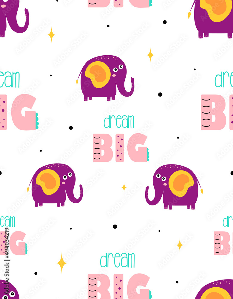 cartoon seamless pattern with cute funny elephant