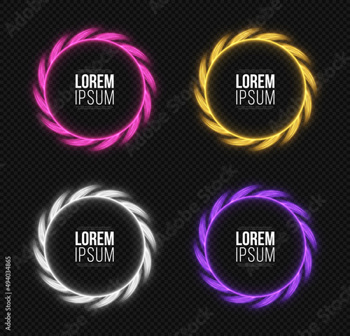 Set of neon shiny ring. Luxury decorative circles. Multicolored frames with glitter light effect.