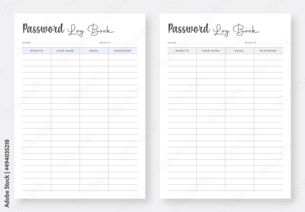 Password Log Book Template Set. Password Log Book A4 Size