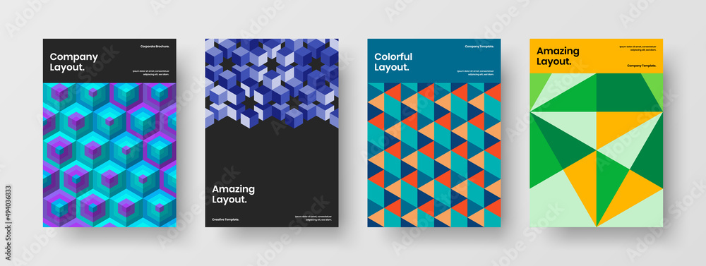 Vivid company brochure A4 design vector concept composition. Original mosaic tiles catalog cover layout collection.