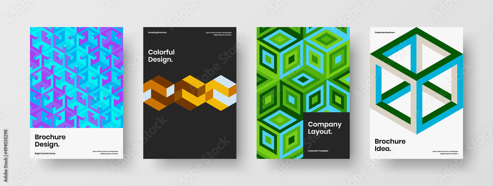 Abstract mosaic shapes book cover template set. Original front page vector design concept collection.